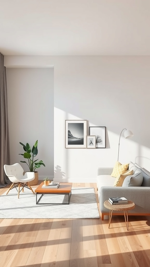 A bright and minimalistic living room with a sofa, coffee table, and plants.
