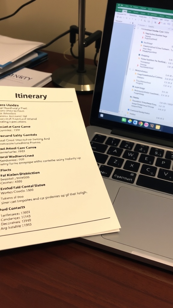 A printed itinerary next to a laptop, showing travel details and emergency contacts.
