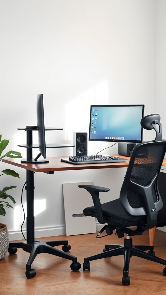 An ergonomic desk setup featuring a black chair, wooden desk, and computer monitor.