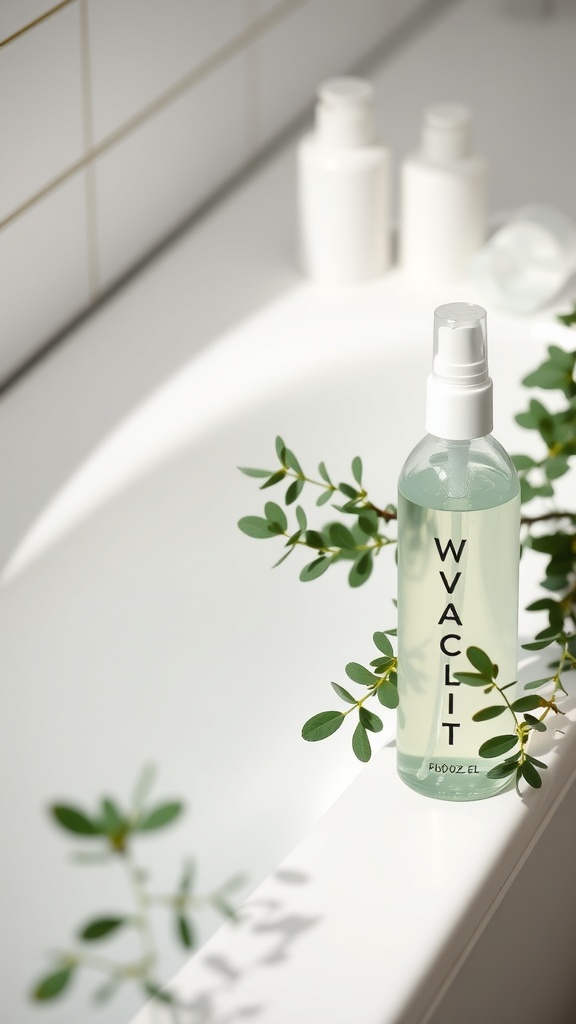 A bottle of eucalyptus spray on a bathroom countertop surrounded by greenery.