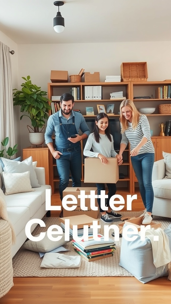 A family participating in a decluttering activity, smiling and organizing items together.
