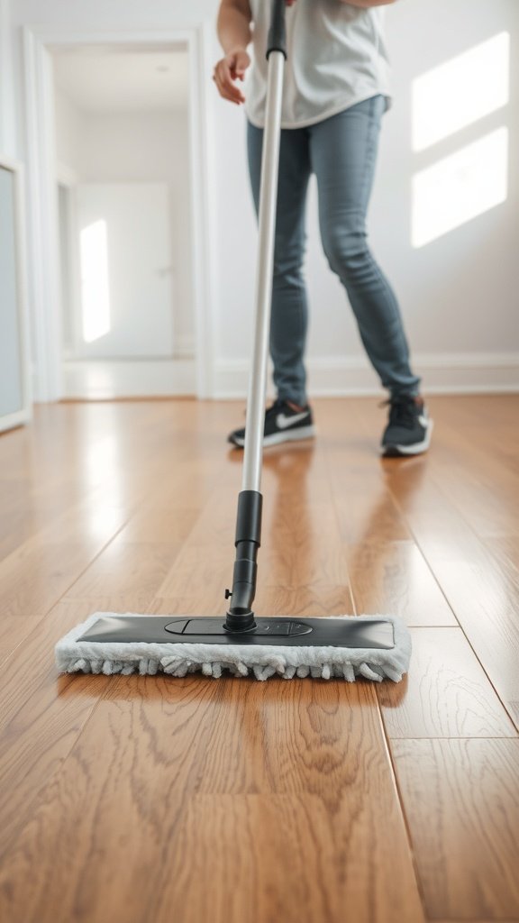Person mopping a wooden floor with a microfiber mop.