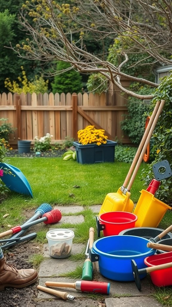 A collection of colorful gardening tools and equipment scattered in a garden, with a well-kept lawn and wooden fence in the background.