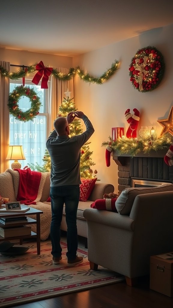 A person decorating a cozy living room with seasonal decorations.