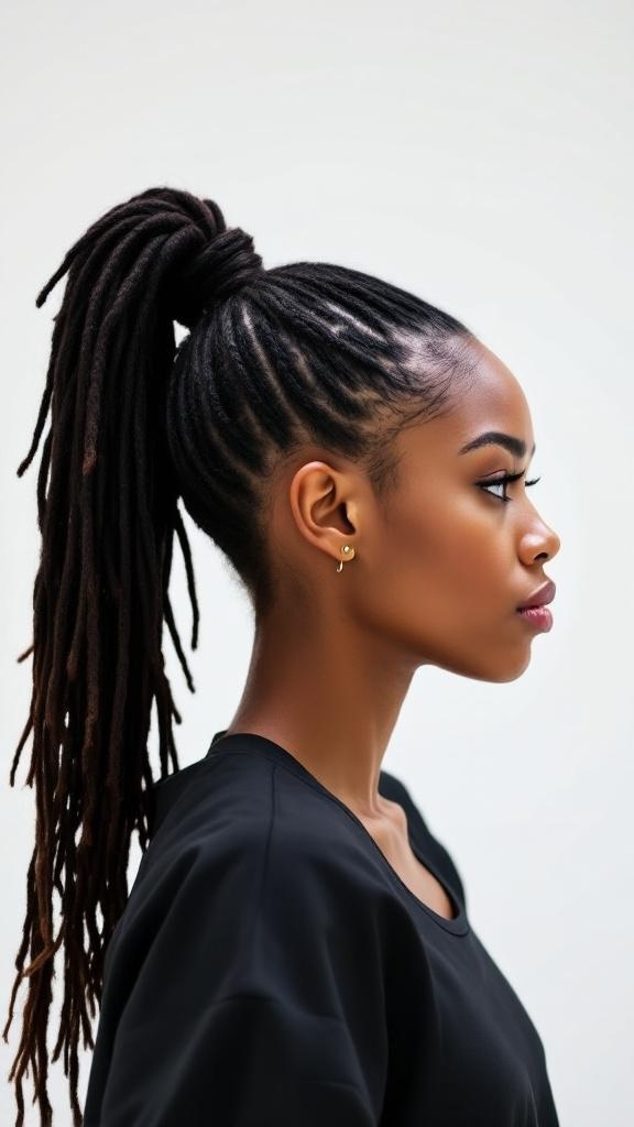 A woman with a high faux locs ponytail, showcasing a sleek and stylish hairstyle.