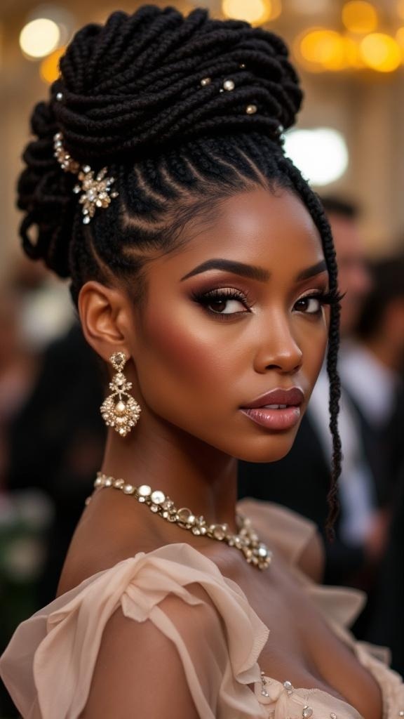 A woman with faux locs styled in an elegant updo, adorned with accessories.