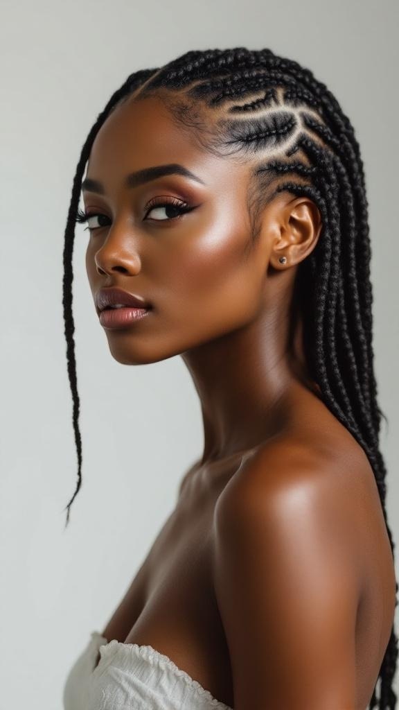 A woman with faux locs styled in a middle part, showcasing a sleek and modern look.