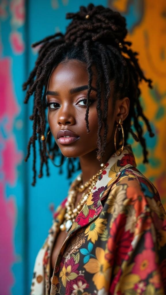 A woman with faux locs styled with accessories, showcasing a vibrant outfit and colorful background.