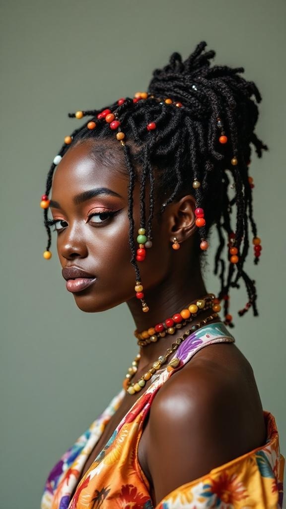 A person with faux locs adorned with colorful beads, showcasing a vibrant hairstyle.