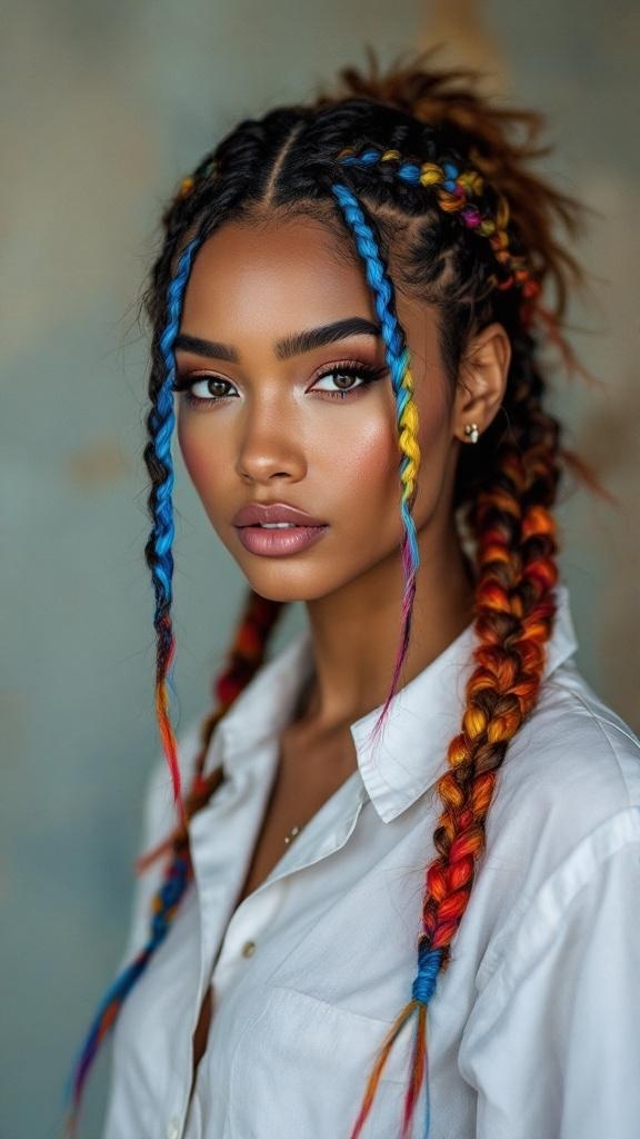 A person with colorful feed-in braids showcasing vibrant highlights.