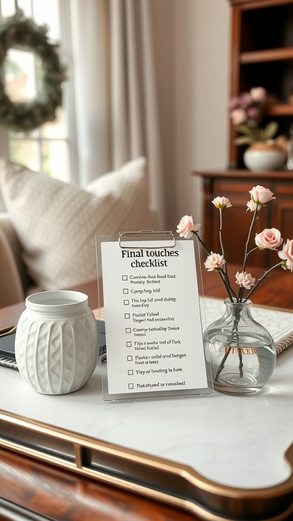A checklist for final touches in deep cleaning, displayed on a table with decorative items.
