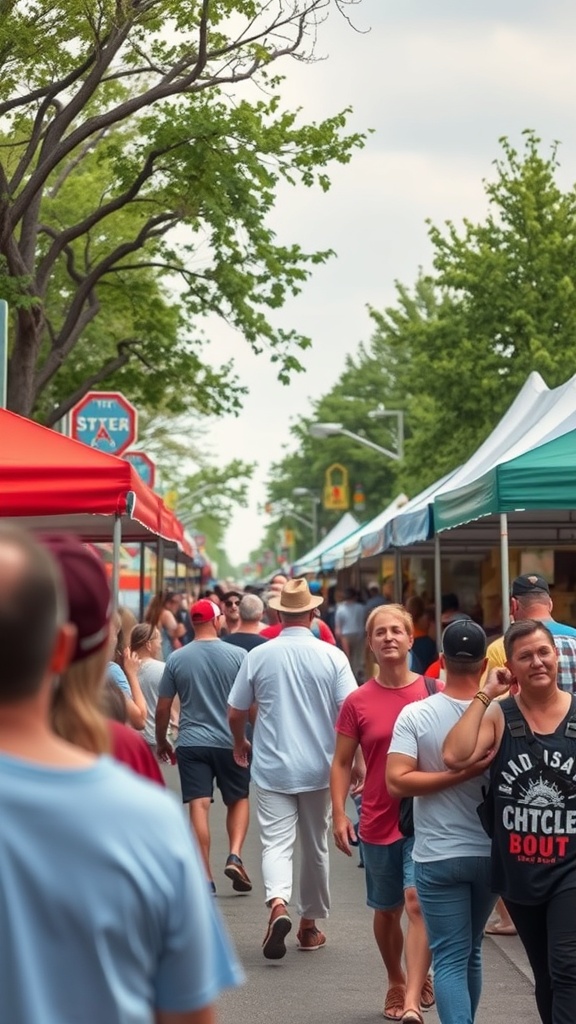 A busy street lined with market stalls and people walking around.