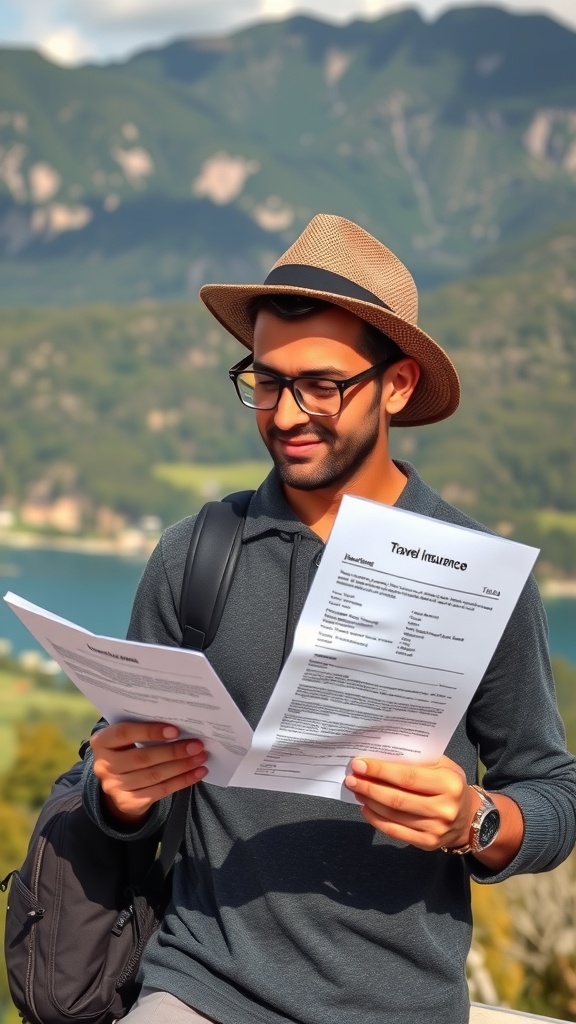 A person reviewing travel insurance documents with a scenic background.