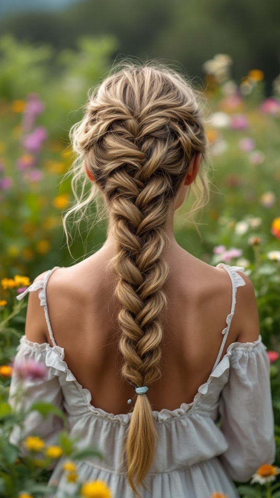 Fishtail braid hairstyle in a flower-filled nature setting.
