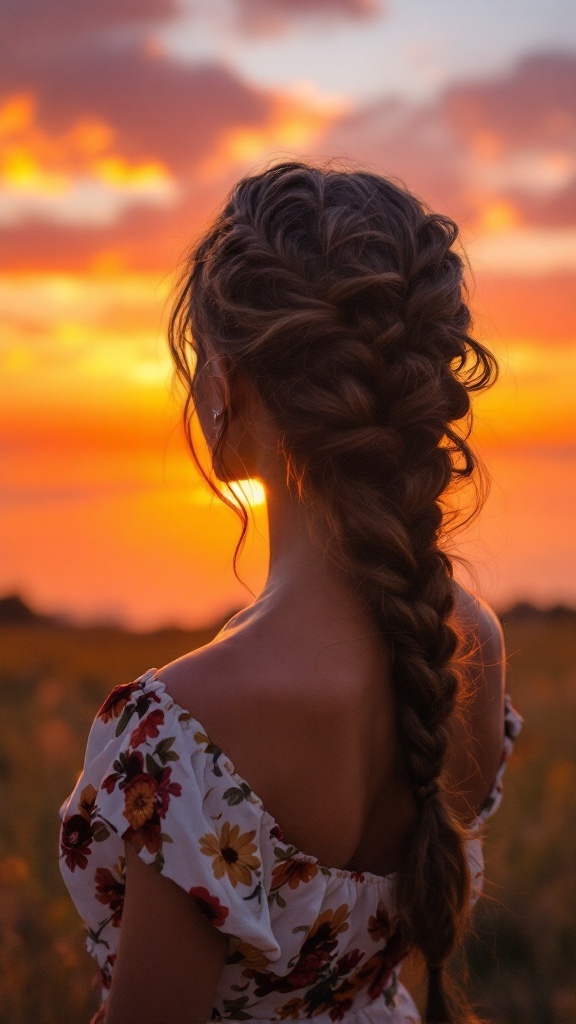 A woman with a fishtail braid swept to one side, standing against a sunset backdrop.