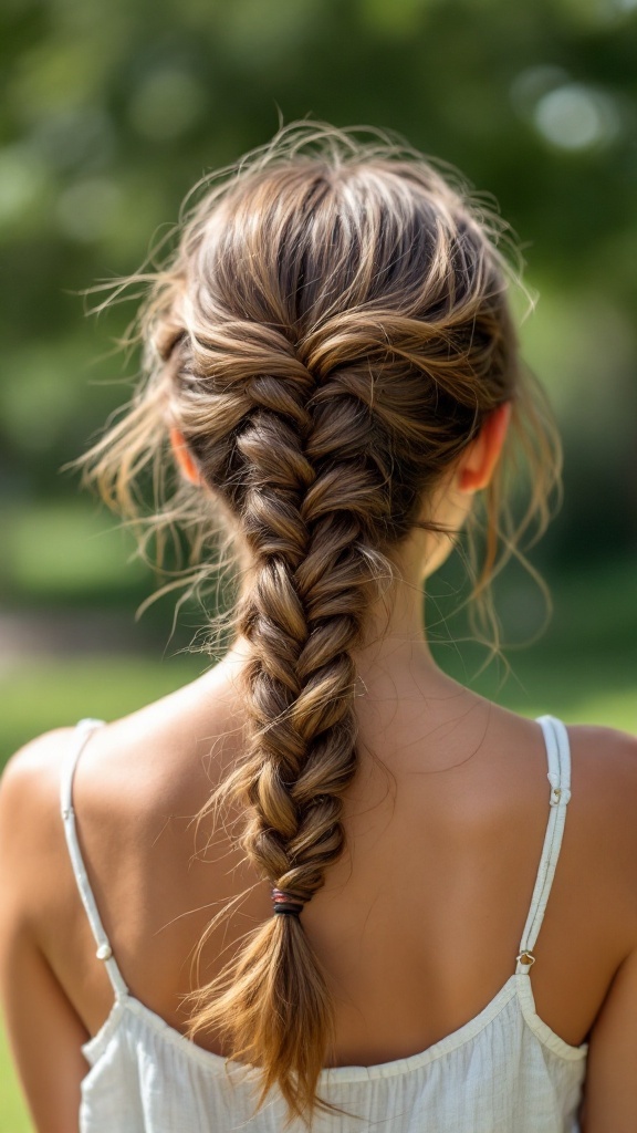 A fishtail braid with a bun, showcasing a relaxed boho hairstyle.