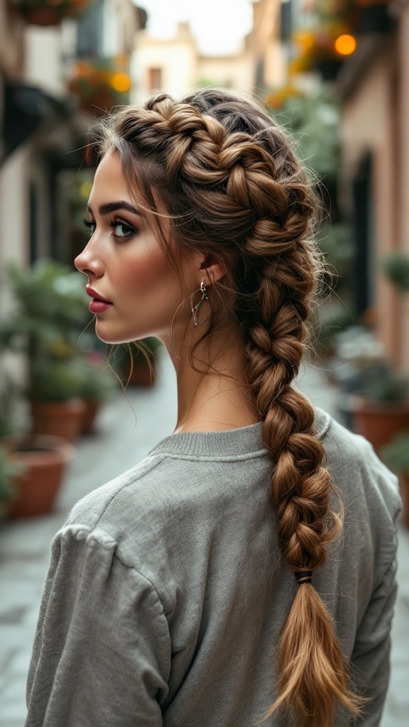 Woman with a fishtail braid styled in a casual outfit.