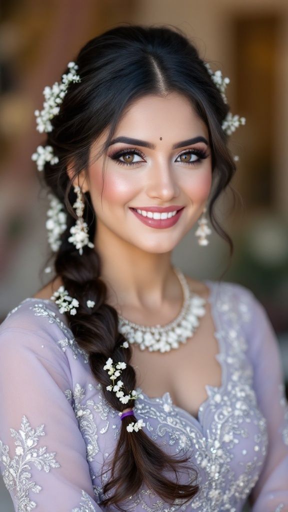 A bride showcasing a fishtail braid adorned with baby’s breath flowers, radiating joy and elegance.