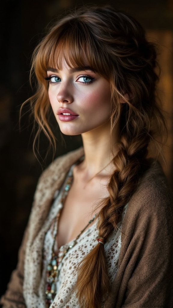 A woman with a fishtail braid and fringe hairstyle, wearing bohemian-style clothing.