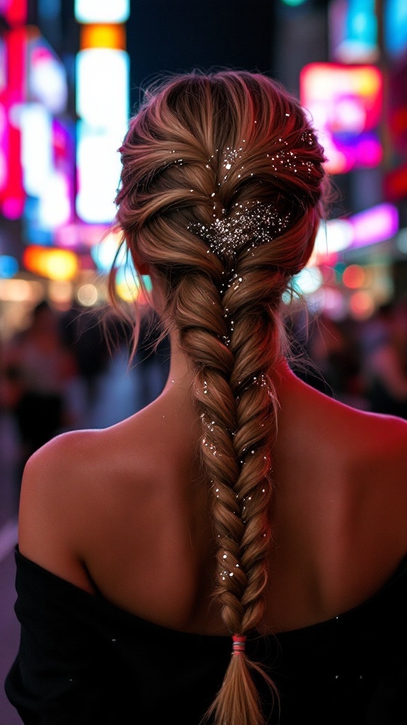 A close-up of a fishtail braid adorned with glitter, showcasing a stylish boho hairstyle.