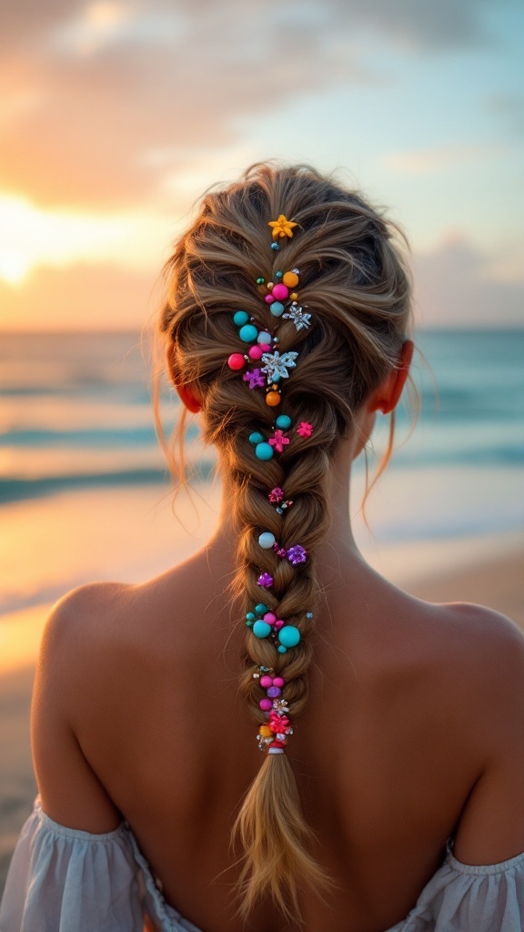A woman with a fishtail braid decorated with colorful hair accessories at the beach during sunset.