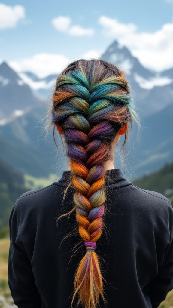 A beautiful fishtail braid with colorful ombre hair set against a mountain backdrop.