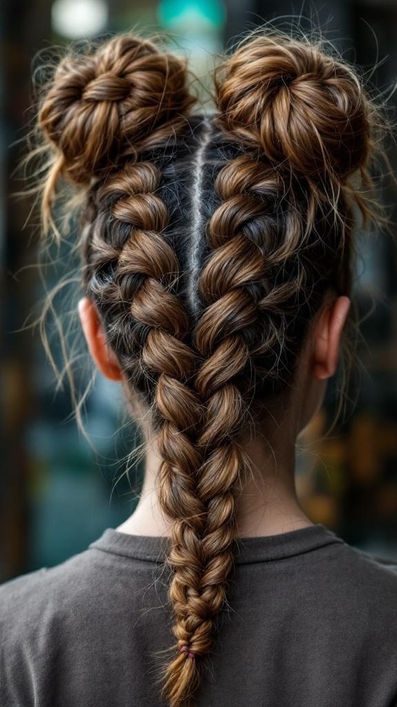 A hairstyle featuring fishtail braids leading to space buns on top of the head.