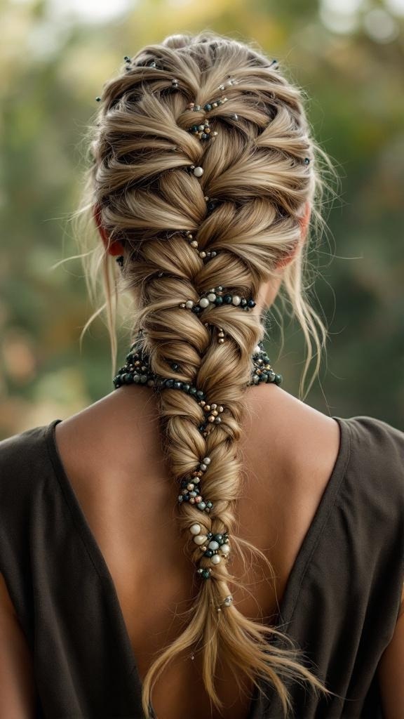 A fishtail braid adorned with colorful beads, showcasing a stylish and unique hairstyle.