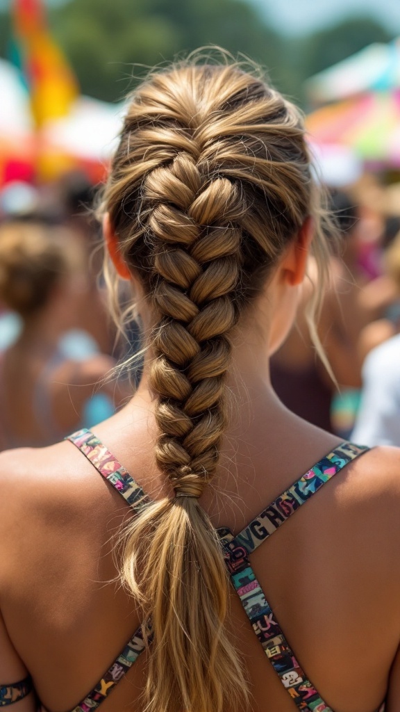 A back view of a fishtail ponytail braid on a woman at a colorful outdoor event.