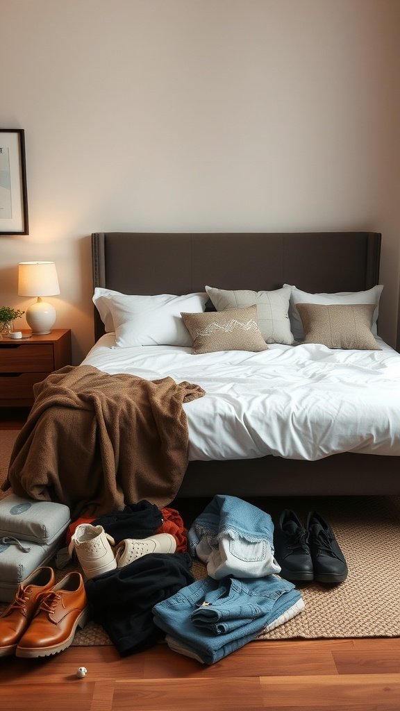 A messy bedroom with clothes and shoes scattered on the floor and an unmade bed.