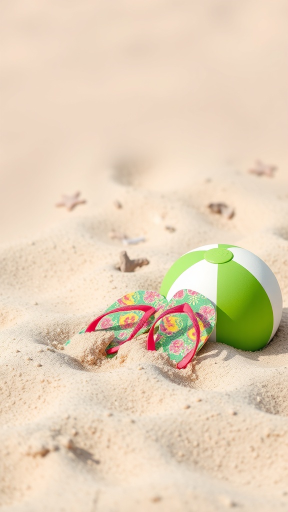Colorful flip-flops and a beach ball on the sand