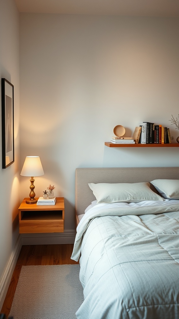 A cozy bedroom featuring a floating nightstand with a lamp and books.