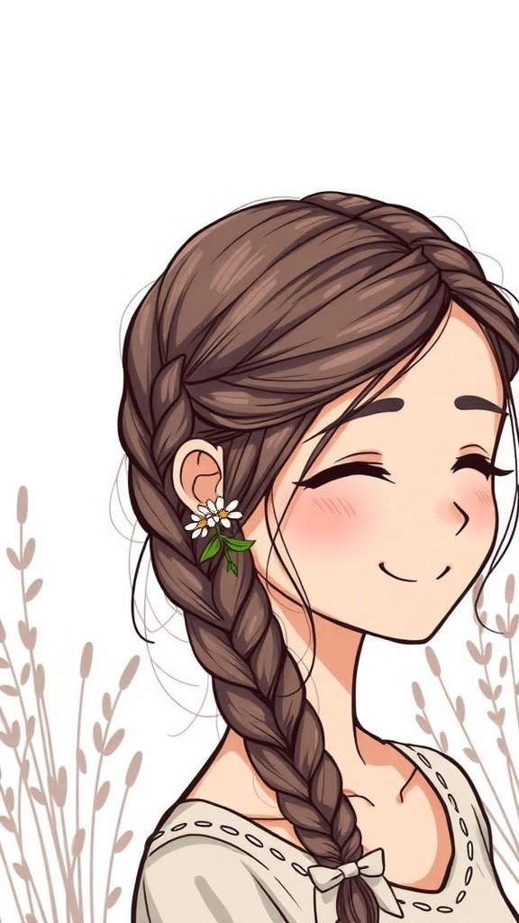 A smiling girl with a braided hairstyle adorned with a flower, conveying a bohemian vibe.
