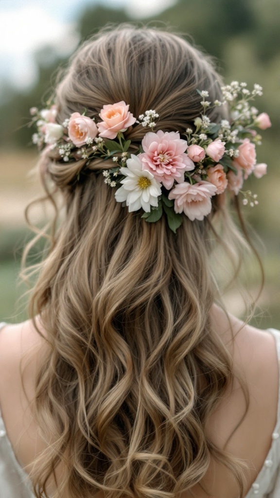 A beautiful half-up, half-down hairstyle adorned with pink and white flowers.