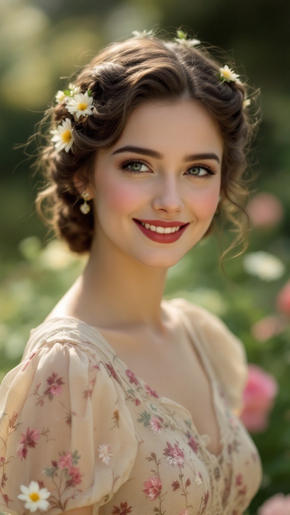 A woman with a floral braided updo, wearing a soft, embroidered dress and smiling.