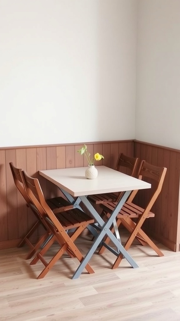 A small foldable dining table with four foldable chairs in a cozy corner.