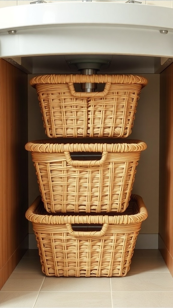 Three foldable storage baskets neatly stacked under a sink.