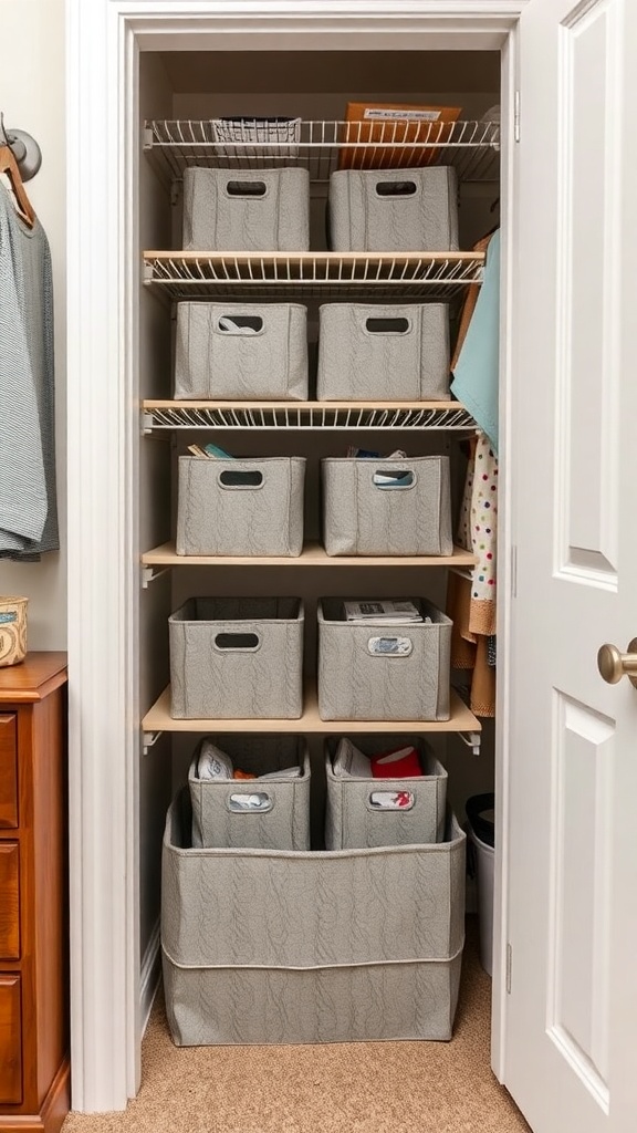 A neatly organized closet with foldable storage bins on shelves.