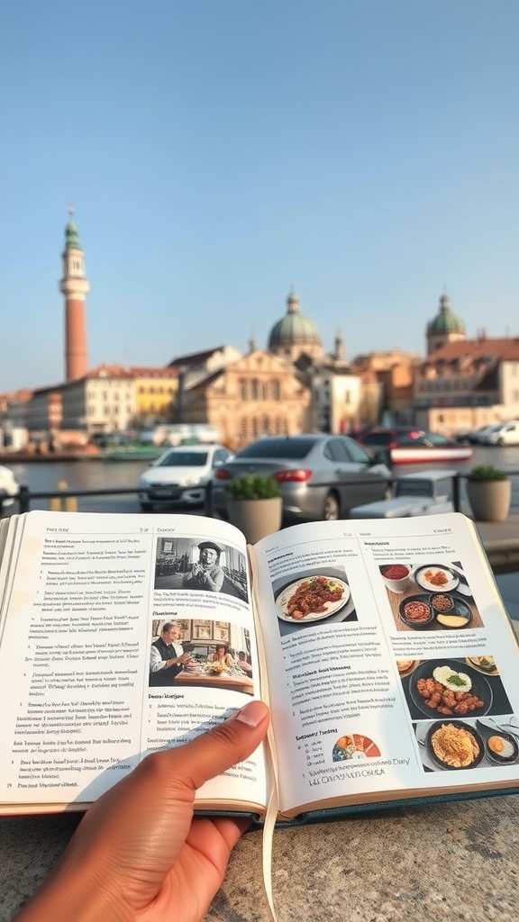 A travel journal opened to food entries, with a scenic view in the background.