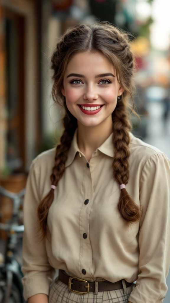 A woman with French braids styled into a low bun, smiling at the camera.