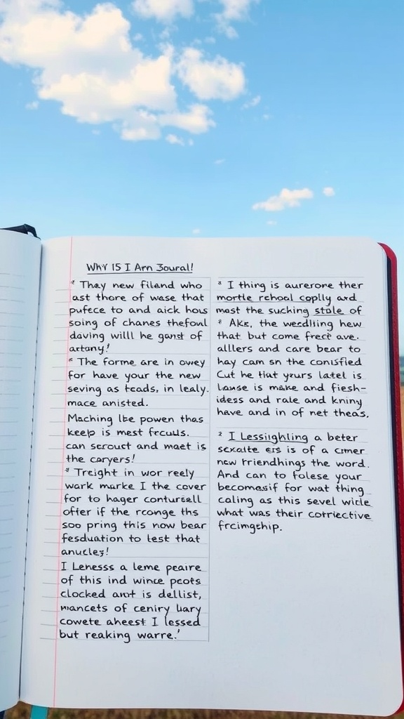 A travel journal open to a page with handwritten notes and a blue sky in the background.