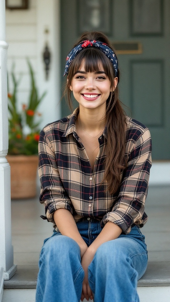 A woman with a fringe ponytail wearing a plaid shirt and a retro bandana, smiling while seated on a porch.