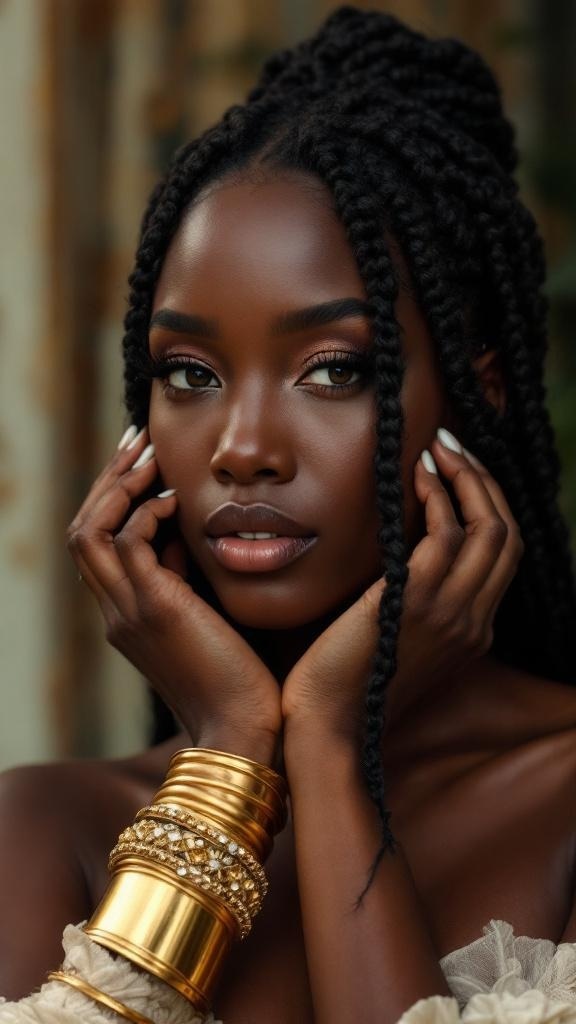 A close-up of a person with Fulani braids styled in a center part, adorned with golden bracelets.