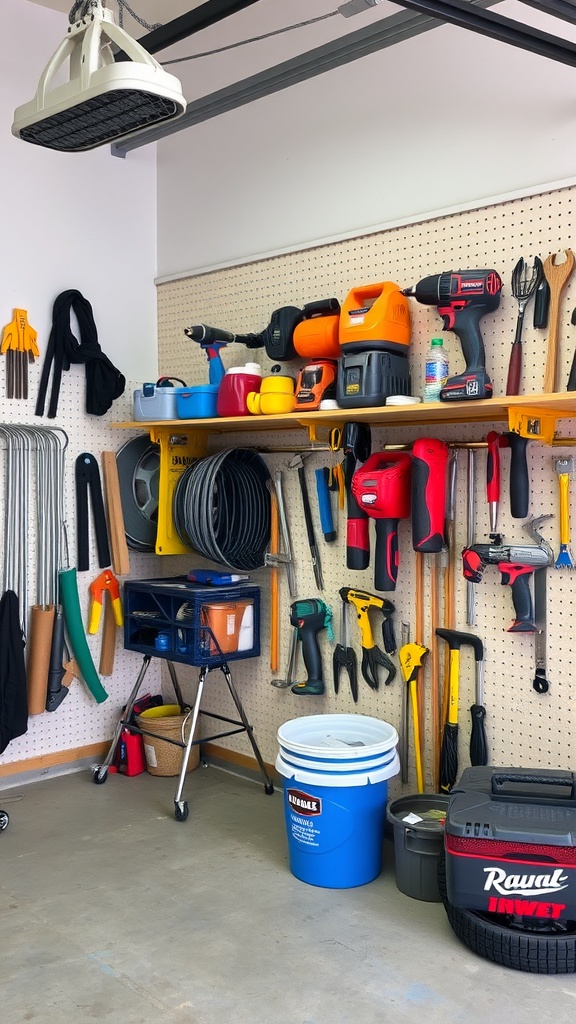 Organized garage with tools and storage bins on pegboards.
