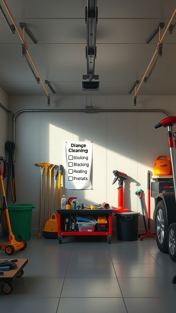A clean garage with tools and cleaning supplies organized on shelves.