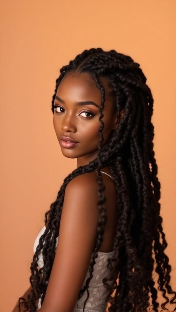 A woman with Ghana braids that have curly ends, showcasing a stylish hairstyle.