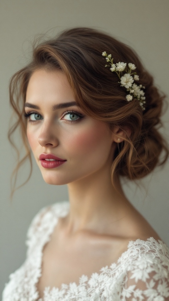 A portrait of a woman with a Gibson Tuck hairstyle adorned with small white flowers.