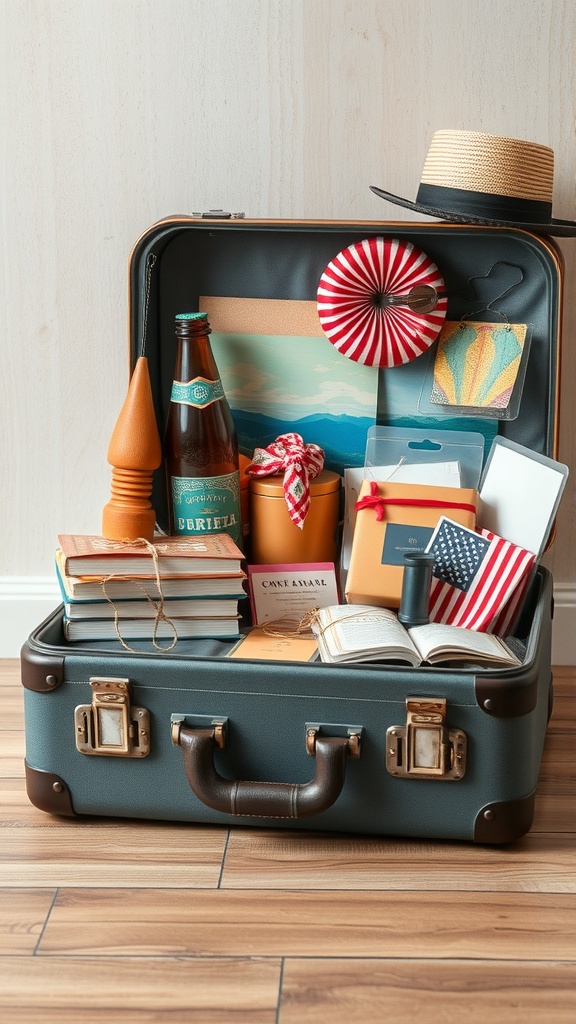 A packed suitcase filled with souvenirs and gifts, including snacks, books, and decorative items.