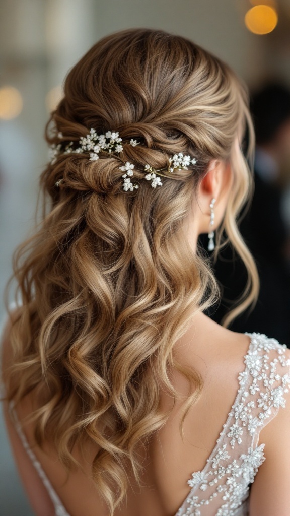 Half-up, half-down hairstyle featuring soft waves and floral accessories.