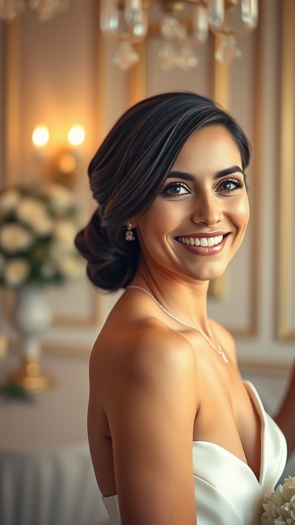A bride with glamorous side-parted waves hairstyle, smiling in a beautiful venue.